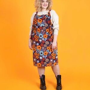 Lucy & Yak Floral Pinafore Dress Retro Midi Overall Dress size XL